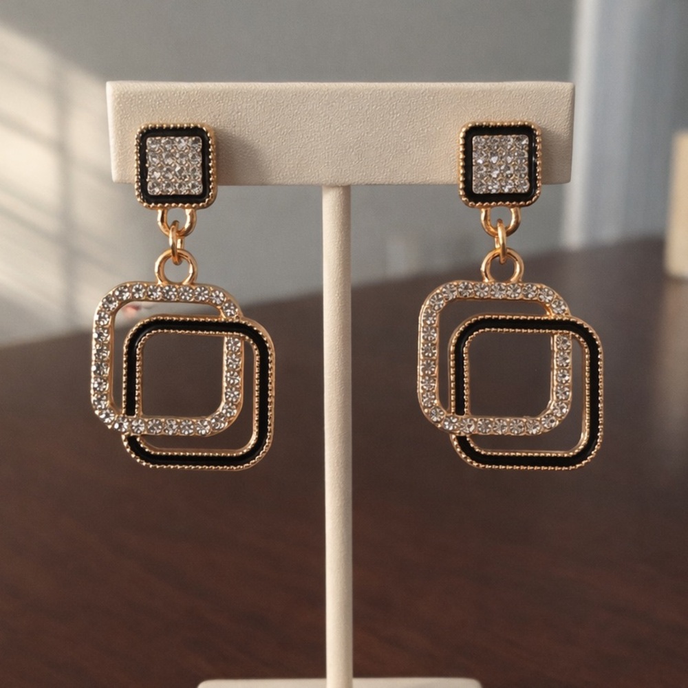 Gold & Black Rhinestone Double Square Dangle Earrings